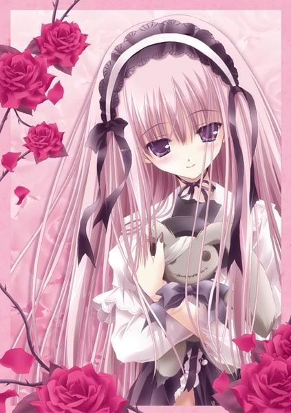 cute/sad/pretty/happy pink haired anime girl wit bunny doll anime or anime illustrations rose roses gothic